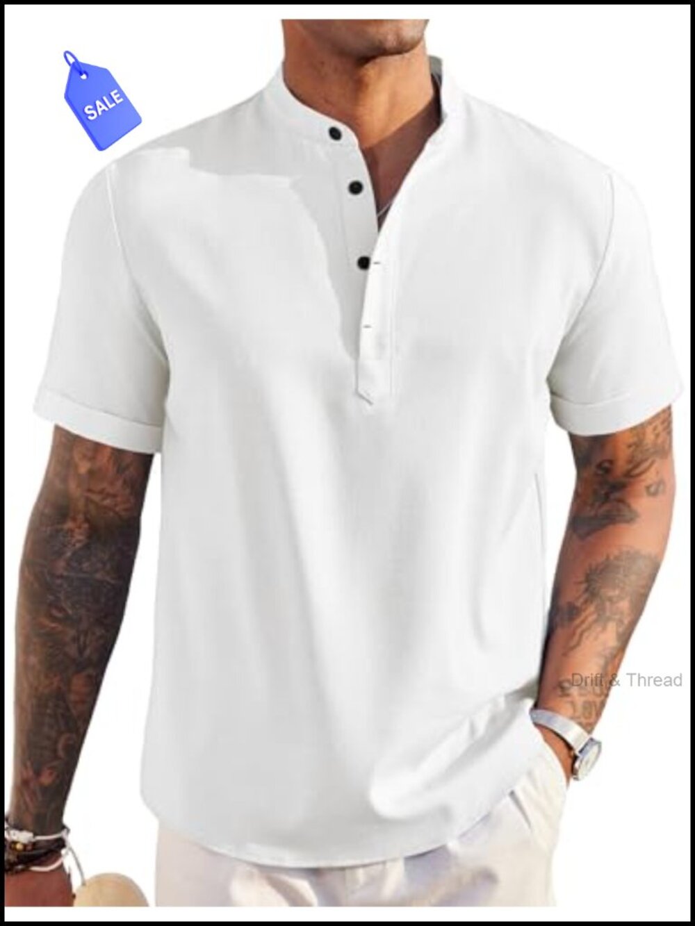 Men's Linen Henley Short Sleeve Casual Summer Beach T-Shirt